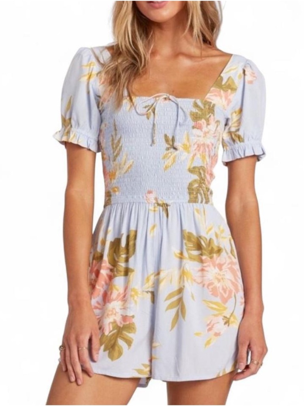 Billabong Light Blue Floral Romper with Yellow Accents